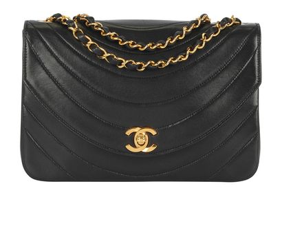 Vintage Classic Flap Curved Stitching, &pound;2,800, Handbags, Black, Lambskin Leather, Front view